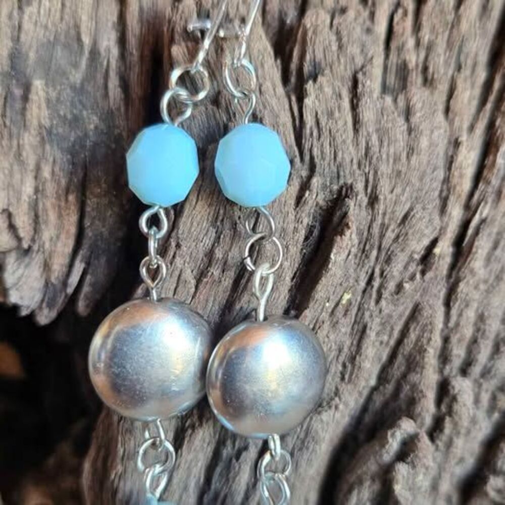 Handmade Blue & Silver Beaded Dangle Earrings – 3” Drop – New Materials